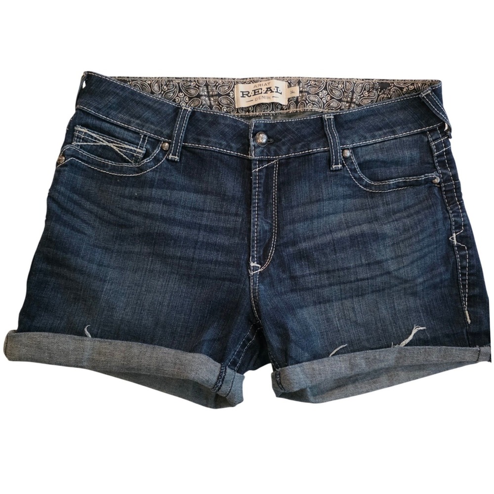 Ariat REAL Denim Shorts Womens 34 Dark Wash Cuffed Contrast Stitch Paisley Trim